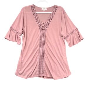 Shannon Ford New York Pink Lace Trim V Neck Bell Sleeve Tunic Top XL‎